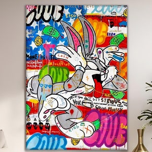 Bugs Bunny Graffiti Style Colorful Pop Art Oil Painting, Decorazione murale dei cartoni animati, Arte murale dei graffiti delle icone, Sfondo della bandiera americana