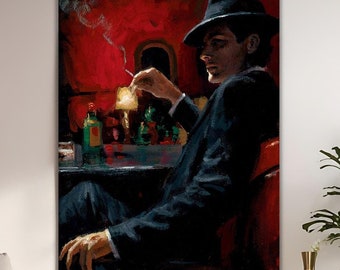 Gangster Man with Cigarette Oil Painting, Whiskey Old School Painting, Bad Mafia in Suit Painting, Living Room Wall Art, Modern Oil Paint