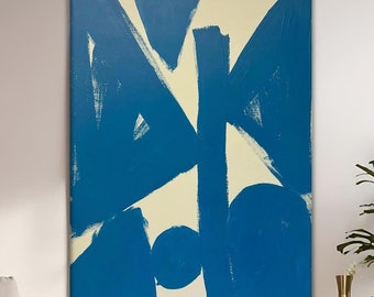 Abstrakt blå linjemålning, modern konst, blåbaserad oljemålning, akrylväggdekor, abstrakt linjemålning, blå och beige konst