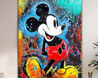 Pintura a óleo abstrata de Mickey Mouse Pop Art, pintura luxuosa de Mickey, arte de parede de grafite no estilo Pollock, pintura de rua, fundo de arte moderna