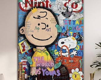 Cartoon Child Boy Pop Art Oil Painting, Banksy Style Peanuts, Original Child Room Painting, Graffiti Wall Art, Street Art Large Paint