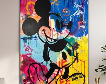 Pintura a óleo abstrata de Mickey Mouse Pop Art, pintura de Banksy Mickey, arte de parede Love of My Life, pintura de rua, fundo de arte moderna