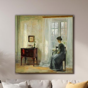Carl Vilhelm Holsoe- Waiting By The Window Oil Painting, Vintage Interior View, Reproduction Artwork, Impressionist Art, Soft Dramatic Art