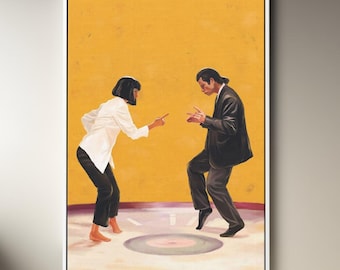 Fiction Dance Scene, Tarantino Inspired Pop Art, Yellow Background, Modern Canvas Wall Art, Iconic Movie Painting Pulp