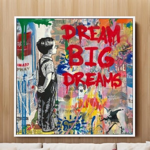 Banksy Dream Big Dream Pop Art, Motivation Modern Wall Art, Pop Art Banksy Style, Modern Wall Decor, Square Wall Art, Framed Oil Painting