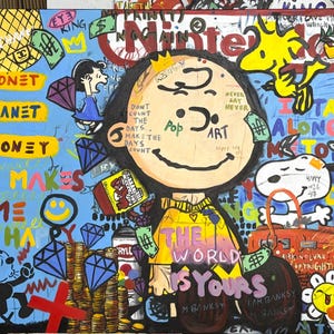 Pintura al óleo pop art de un niño de dibujos animados, pintura famosa de un perro de dibujos animados, pintura original de gran tamaño para habitación infantil, arte mural de grafiti, pintura urbana de gran tamaño.