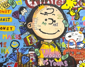 Cartoon Child Pop Art Oil Painting, Famous Cartoon Dog Painting, Original Child Room Large Painting, Graffiti Wall Art, Street Large Paint