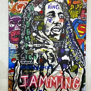 Bob Marley Redemption Pop Art Oil Painting, Jamming Pop Art Painting, Banksy Style, Original Oil Painting, Graffiti Art, Bob Marley Painting