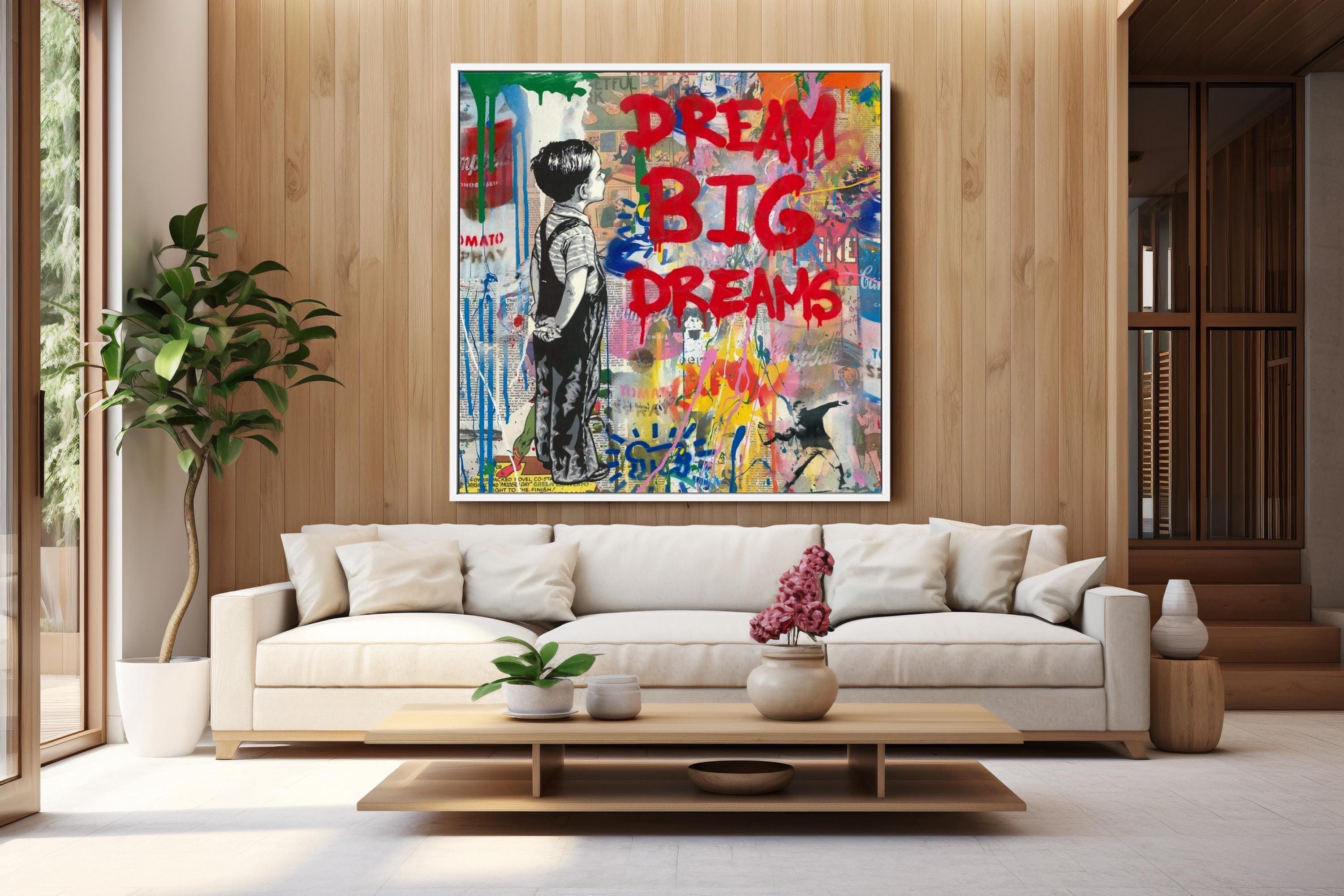 Banksy Dream Big Dream Pop Art, Motivation Modern Wall Art, Pop Art Banksy Style, Modern Wall Decor, Square Wall Art, Framed Oil Painting