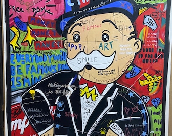 Monopoly Man Pop Art Oil Painting, Banksy Style, Original Living Room Painting, Graffiti Wall Art, Street Art Large Paint, Home/Office Gift