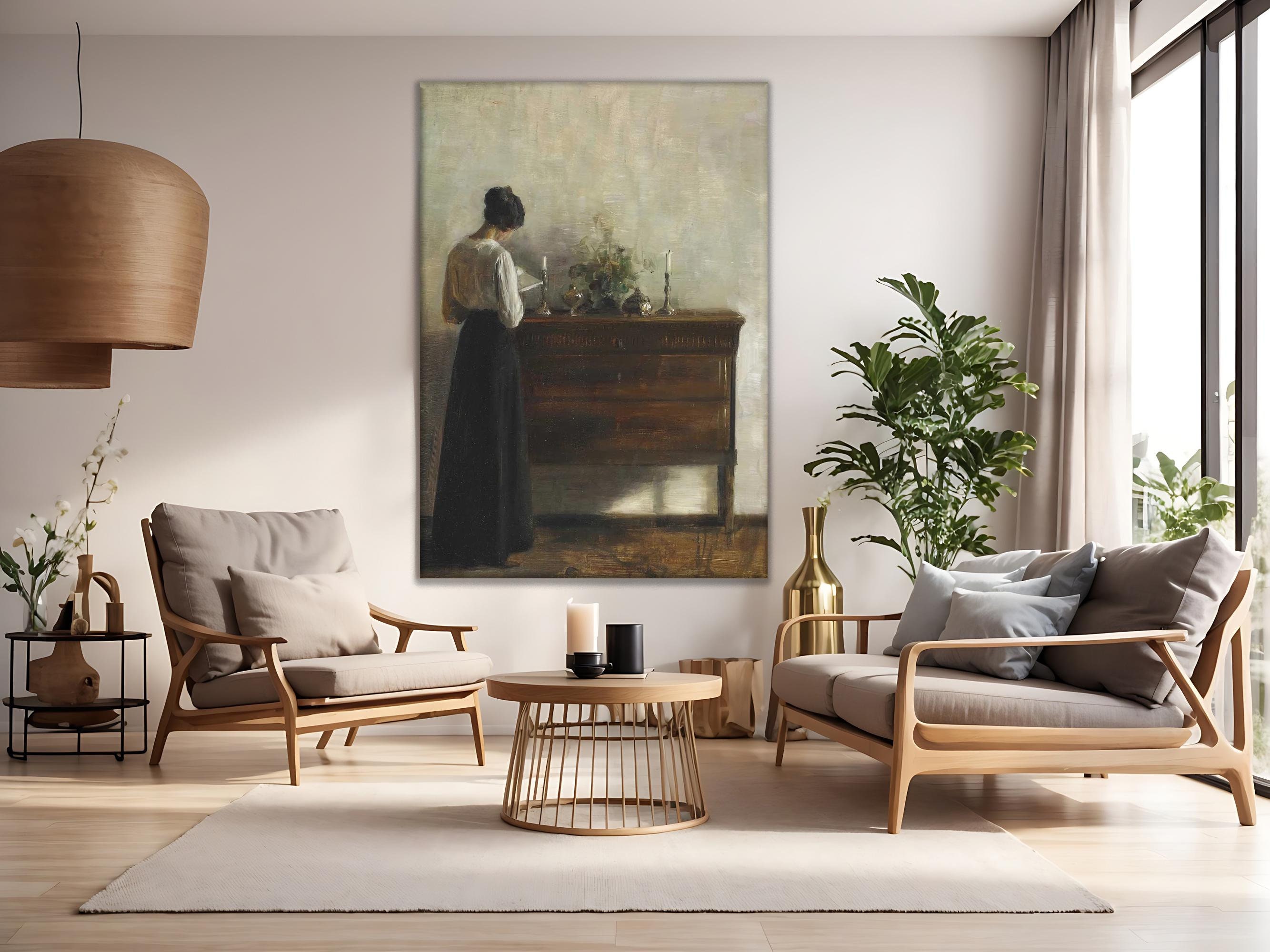 Vintage Stylish Woman Reading, Retro Interior Scene, Painting of Carl Vilhelm Holsoe, Antique Oil Painting, Reproduction Oil Painting