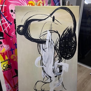 Abstrakter Cartoon Hund, Banksy Stil Cartoon Hund, Original Ölgemälde für das Kinderzimmer, Graffiti Wandkunst, abstrakte Kunst groß