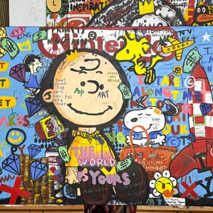 Cartoon Child Pop Art Oil Painting, Famous Cartoon Dog Painting, Original Child Room Large Painting, Graffiti Wall Art, Street Large Paint