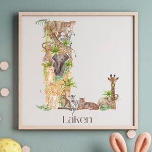 Impressão de berçário de animais, arte inicial, arte de berçário com monograma personalizado, berçário de safári, impressão de berçário de selva, arte de nome de berçário, placa de nome de berçário
