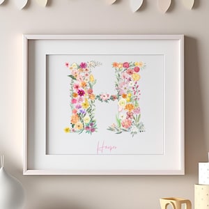 Arte inicial para guardería, arte con letras florales grandes, flores de acuarela, arte de pared con flores imprimible, guardería moderna, decoración con letras para guardería, archivo PNG
