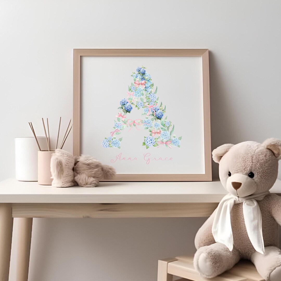 Hydrangea Initial Nursery Print: Personalized Watercolor Letter Art ...