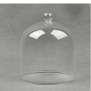 Peut inclure: Une cloche en verre transparent, de forme arrondie et surmontée d'un petit bouton sphérique. Le verre est clair, permettant de voir l'intérieur. Cette cloche est conçue pour couvrir et protéger des objets.