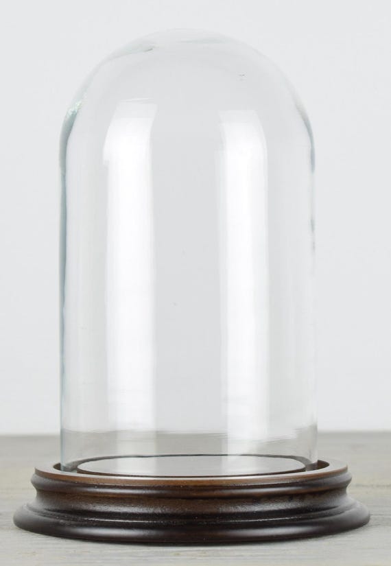 ヴィンテージ風の小さなガラスドーム、木製ベース付き、高さ16 x 9 cm