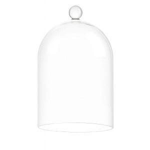 Op de afbeelding: Een heldere glazen stolp met een afgeronde koepel en een kleine, bolvormige knop aan de bovenkant. De transparante hoes is ontworpen om items te beschermen en weer te geven. De stolp is een decoratief stuk, vaak gebruikt voor het presenteren van verzamelobjecten of voedsel.