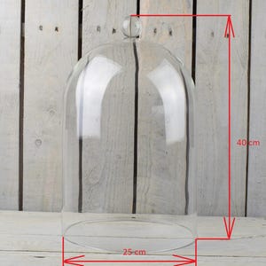 May include: A clear glass dome with a round top and a base diameter of 25 cm. The dome is 40 cm tall.