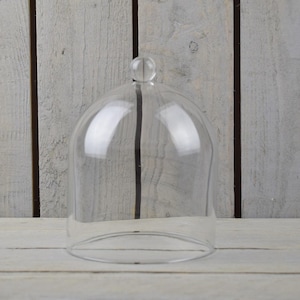 Może przedstawiać: Przezroczysta szklana klosz z okrągłym uchwytem na górze. Klosz stoi na jasnym drewnianym podłożu.