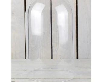 May include: A clear glass dome cloche with a round base. The dome is tall and cylindrical.