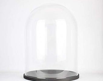 Grande cloche dôme circulaire en verre transparent faite main EMH avec base en bois noire 36 x 25 cm