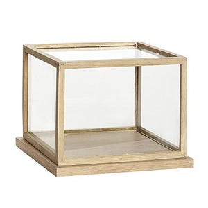 May include: A wooden display case with a glass top and sides. The case has a natural wood finish and is perfect for displaying small items.