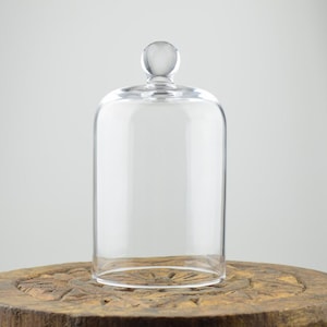 Könnte beinhalten: Eine transparente Glasglocke mit einem runden Knopf oben. Die Glocke steht auf einem Holzsockel.