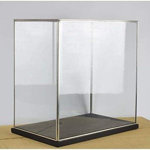 Grande espositore in vetro e metallo argentato fatto a mano con base in legno nero, altezza 47,5 cm