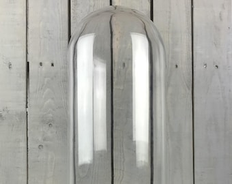 Grand présentoir cloche en verre avec base en bois noir, hauteur 41,5 x 21 cm