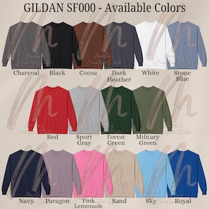 Tabla de colores de Gildan SF000, colores de sudaderas Gildan SF000, guía de colores de Gildan, tabla de colores de cuello redondo SF000, colores disponibles de SF000