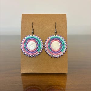 Pastel Shell Center Earrings (Pink/Teal) | Indigenous Beaded Earrings