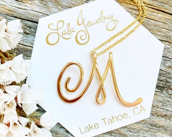 Small Calligraphy Initial Necklace in 14k Gold Filled