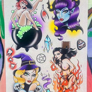 May include: A print featuring four vintage-style illustrations of witches and gothic imagery. The artwork includes a witch in a cauldron, a vampire woman, a witch with skulls, and a woman surrounded by flames. The color palette includes black, purple, red, and green.