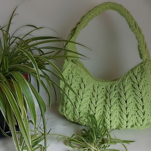 May include: A light green, handmade crochet bag with a braided handle. The bag features a textured, leaf-like pattern. A potted spider plant is in the background, with long, green and white striped leaves.