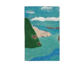 May include: An abstract painting of a coastal landscape. The artwork features a green cliff, a light tan beach, and turquoise water under a blue sky with white clouds. The painting uses thick brushstrokes and a vibrant color palette.