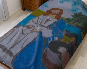 Jesus Sitting by River Velveteen Plush Blanket | Religious Christian Art