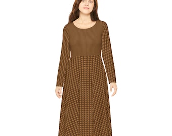 Frauen Langarm Tanzkleid: Polyester Partykleid mit Nussbaum Print