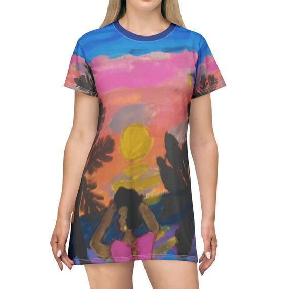 Tropical Sunset T-Shirt Dress: Boho Beach Vacation Wear