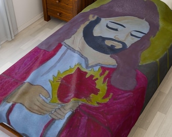 Sacred Heart Jesus Illustration Velveteen Plush Blanket | Religious Devotional Throw