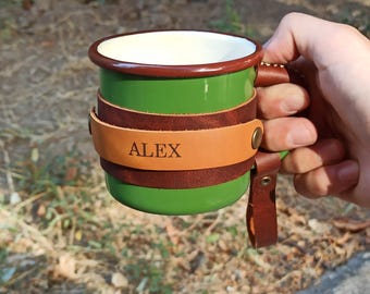 Personalized Enamel Camper Mug: Handmade Leather Wrap, 12 oz