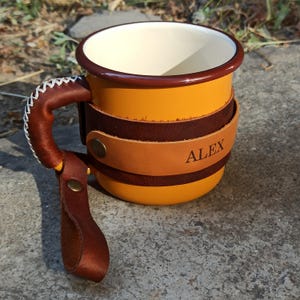 Personalized Mug, Camper Mug, Leather Enamel Mug, Enamel Camping Mug, Office Mug, Vacation Mug, Nature Mug, Hiking Mug, Anniversary Gift