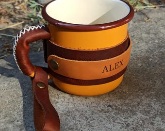 Personalized Enamel Camping Mug, Handmade Leather Wrap, 12 oz
