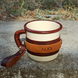 Personalized Enamel Camper Mug with Leather Sleeve