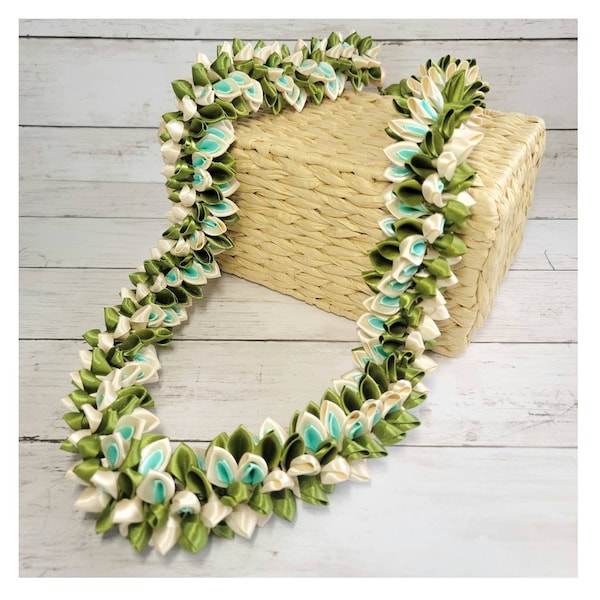 Cream, Turquoise and & Green Ribbon Flower Lei for Graduation or Special Occasion - Allow up to 4 weeks for Delivery