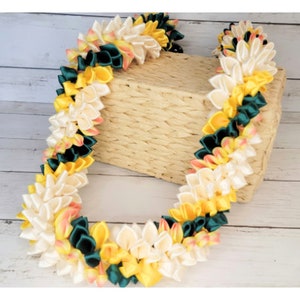 Yellow, Cream, Coral & Forest Green Ribbon Flower Lei for Graduation or Special Occasion - Allow up to 4 weeks for Delivery