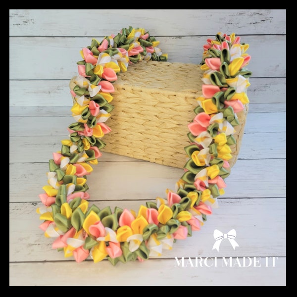 LEI AS SHOWN Yellow, White & Coral Ribbon Flower Lei for Graduation or Special Occasion - Allow up to 4 weeks for Delivery