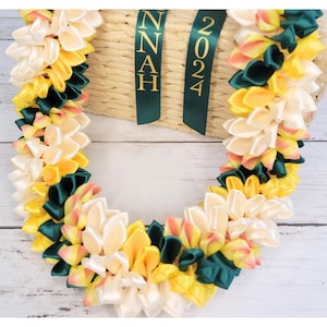 Yellow, Cream, Coral & Forest Green Ribbon Flower Lei for Graduation or Special Occasion
