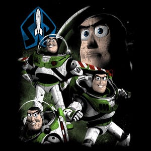 May include: A black graphic t-shirt featuring Buzz Lightyear in his white, green, and purple space suit. The design includes three poses of the character and a large blue Space Ranger logo with a white rocket icon. The print has a distressed texture.